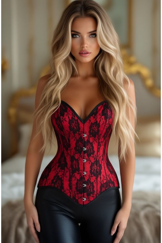 Top Drawer Red Satin w/Black Lace Overlay Steel Boned Overbust Corset