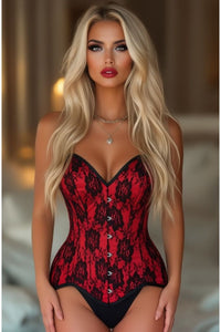Top Drawer Red Satin w/Black Lace Overlay Steel Boned Overbust Corset