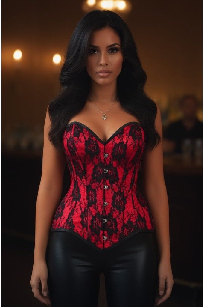 Top Drawer Red Satin w/Black Lace Overlay Steel Boned Overbust Corset
