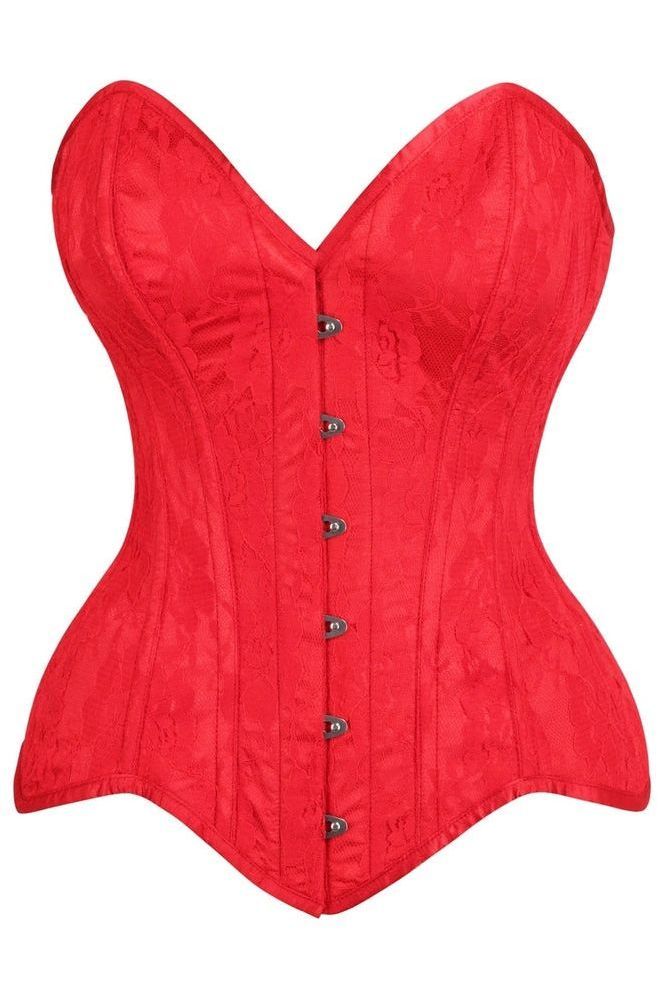Top Drawer Red Satin w/Red Lace Overlay Steel Boned Overbust Corset