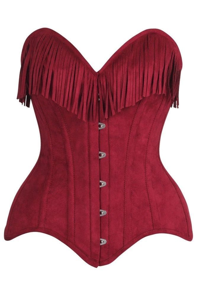 LIMITED EDITION Top Drawer Red Suede Steel Boned Overbust Corset w/Fringe