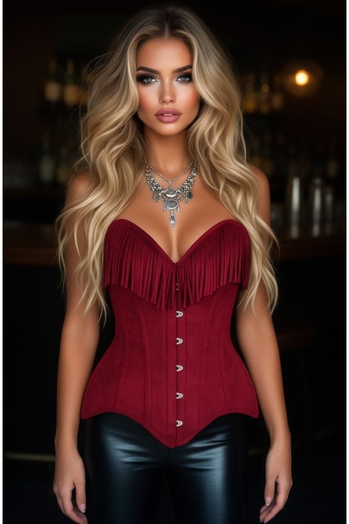LIMITED EDITION Top Drawer Red Suede Steel Boned Overbust Corset w/Fringe