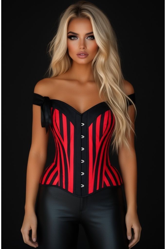 Top Drawer Red/Black Striped Steel Boned Corset w/Straps