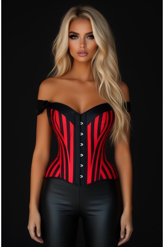 Top Drawer Red/Black Striped Steel Boned Corset w/Straps