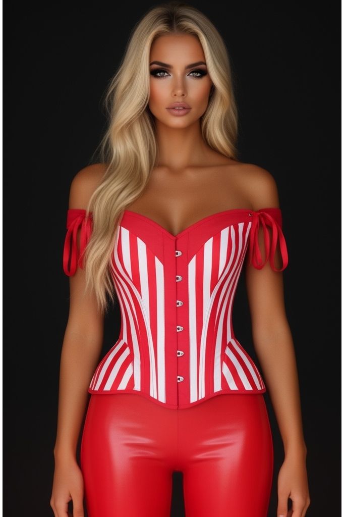Top Drawer Red/White Striped Steel Boned Corset w/Straps