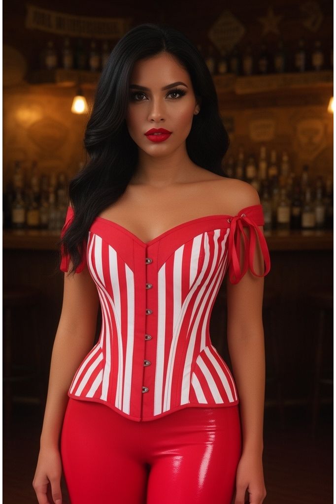 Top Drawer Red/White Striped Steel Boned Corset w/Straps