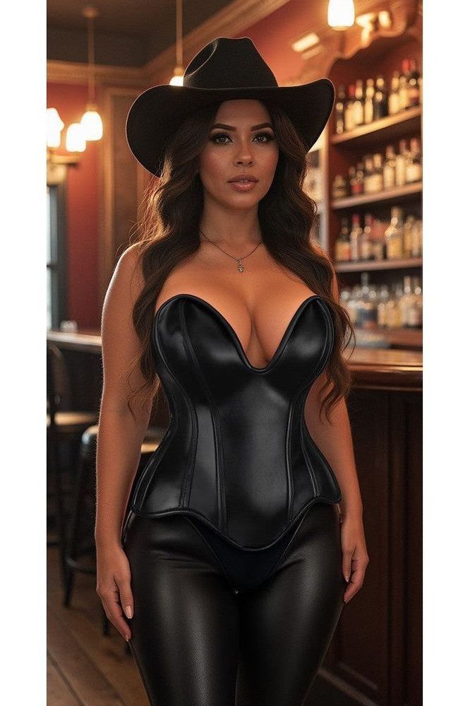 Top Drawer Steel Boned Black Faux Leather Plunge Neckline Overbust Corset
