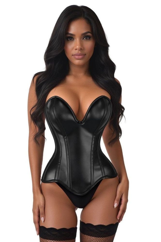 Top Drawer Steel Boned Black Faux Leather Plunge Neckline Overbust Corset