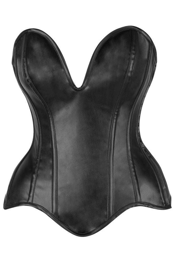Top Drawer Steel Boned Black Faux Leather Plunge Neckline Overbust Corset