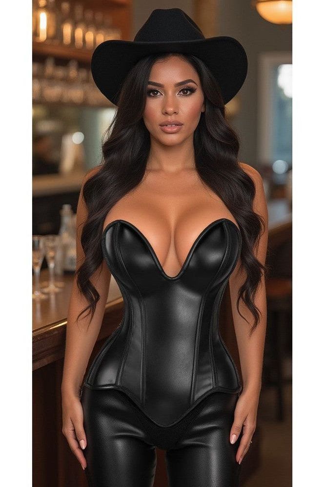 Top Drawer Steel Boned Black Faux Leather Plunge Neckline Overbust Corset