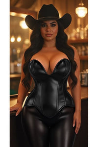 Top Drawer Steel Boned Black Faux Leather Plunge Neckline Overbust Corset