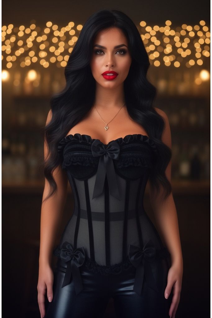 Top Drawer Steel Boned Black Mesh & Velvet Underwire Bustier Corset
