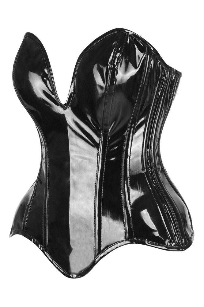 Top Drawer Steel Boned Black Patent Plunge Neckline Overbust Corset