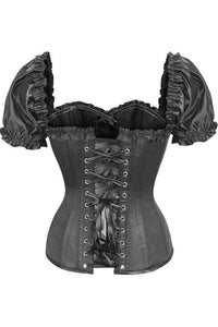 Top Drawer Steel Boned Black Satin Overbust Corset w/Sleeves
