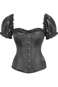 Top Drawer Steel Boned Black Satin Overbust Corset w/Sleeves