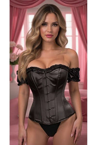 Top Drawer Steel Boned Black Satin Overbust Corset w/Sleeves