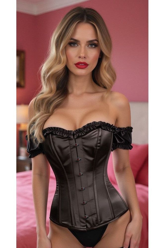 Top Drawer Steel Boned Black Satin Overbust Corset w/Sleeves
