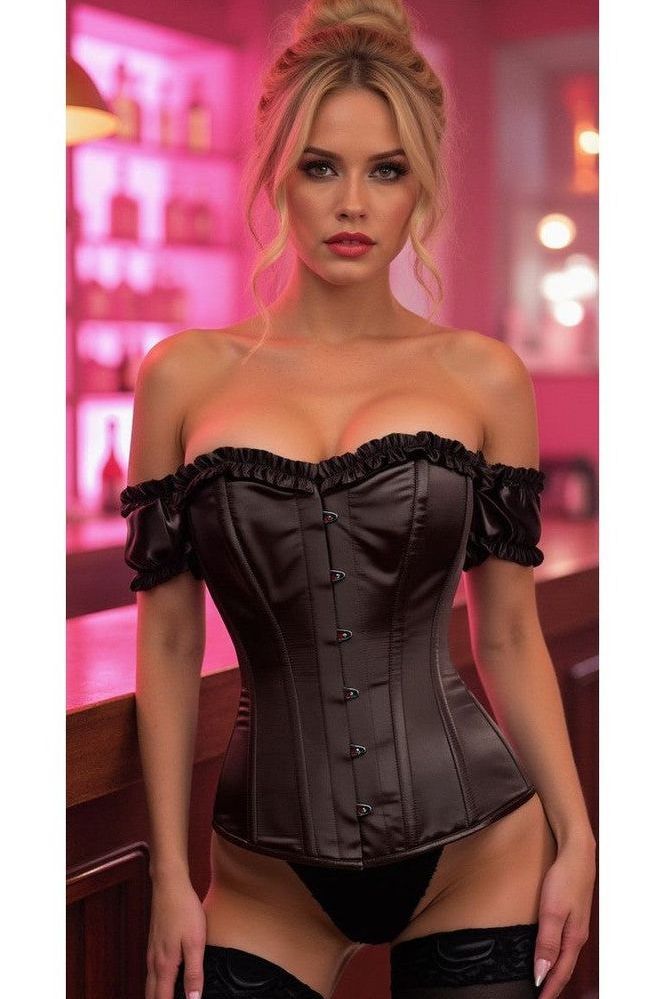 Top Drawer Steel Boned Black Satin Overbust Corset w/Sleeves