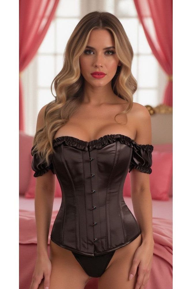 Top Drawer Steel Boned Black Satin Overbust Corset w/Sleeves