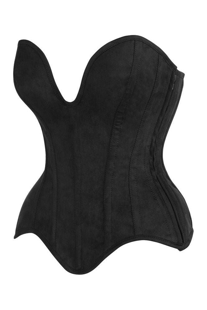 LIMITED EDITION Top Drawer Steel Boned Black Suede Deep Plunge Overbust Corset Top