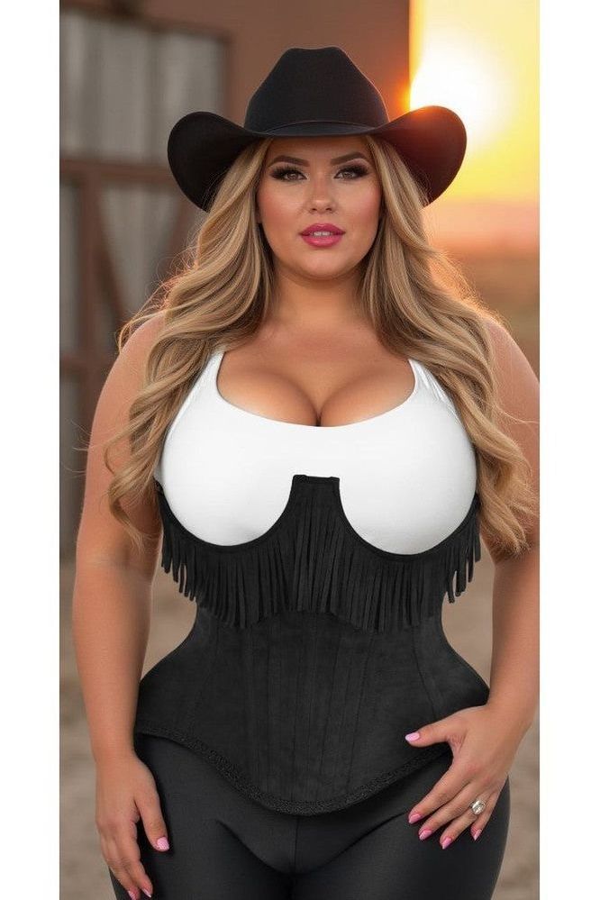 LIMITED EDITION Top Drawer Steel Boned Black Suede Underwire Underbust Corset Cincher w/Fringe