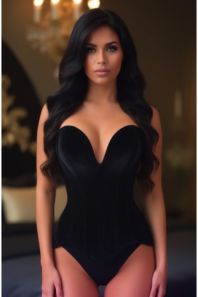 Top Drawer Steel Boned Black Velvet Plunge Neckline Overbust Corset