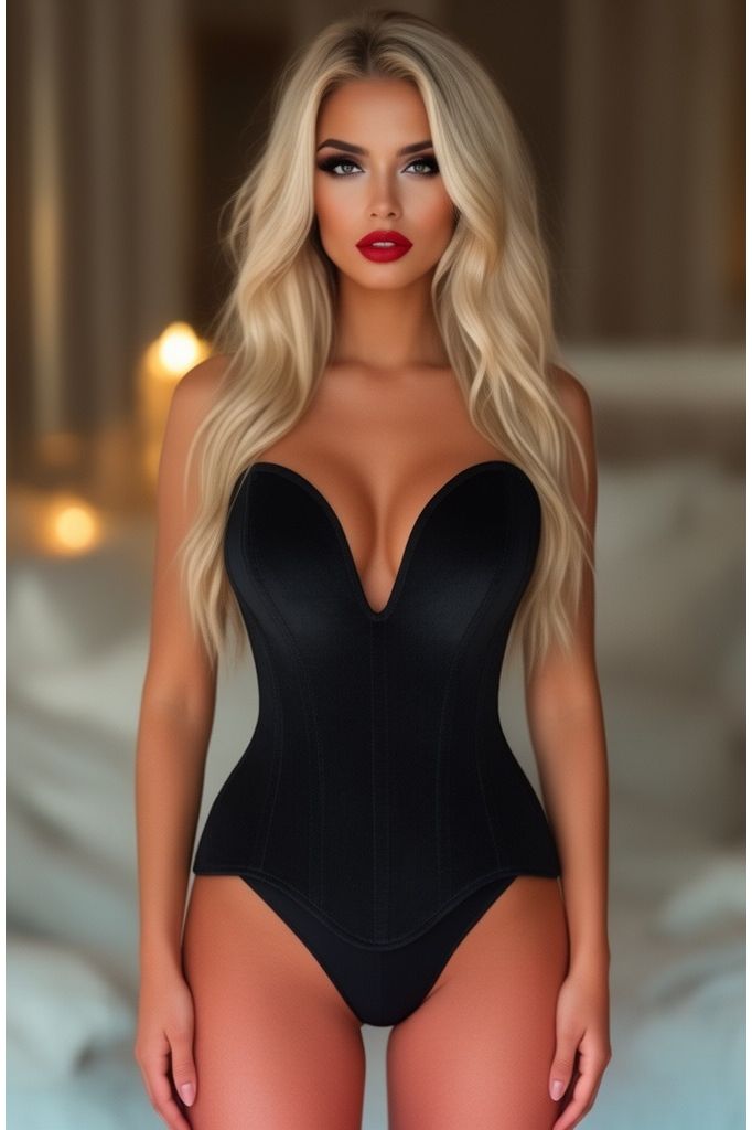 Top Drawer Steel Boned Black Velvet Plunge Neckline Overbust Corset