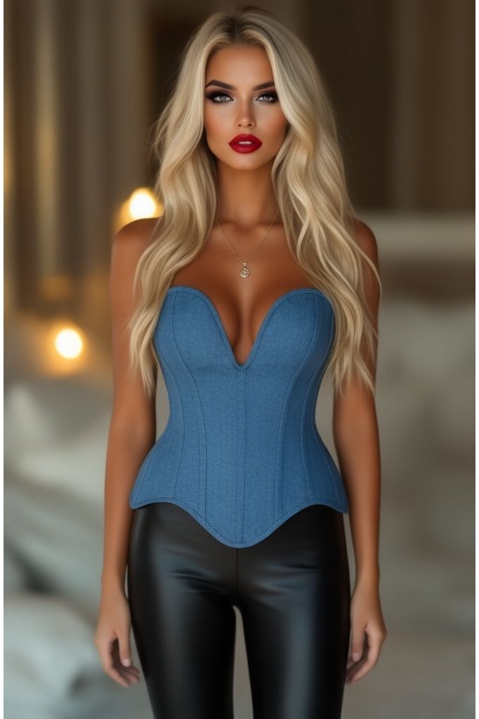 LIMITED EDITION Top Drawer Steel Boned Blue Denim Plunge Neckline Overbust Corset