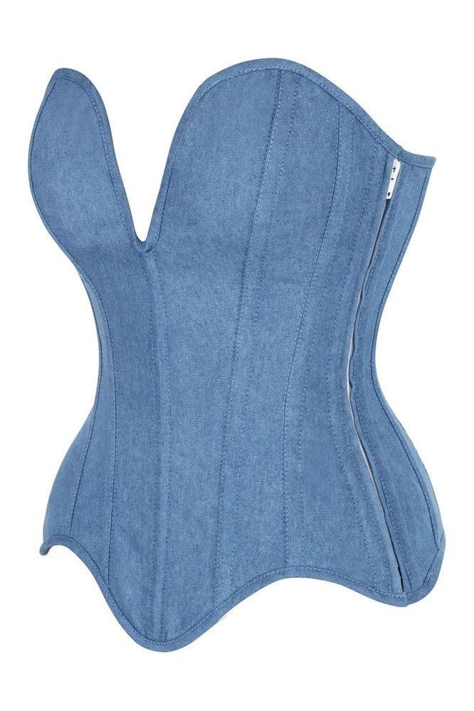 LIMITED EDITION Top Drawer Steel Boned Blue Denim Plunge Neckline Overbust Corset