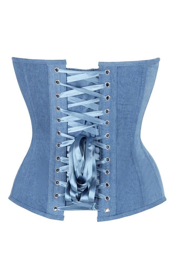 LIMITED EDITION Top Drawer Steel Boned Blue Denim Plunge Neckline Overbust Corset