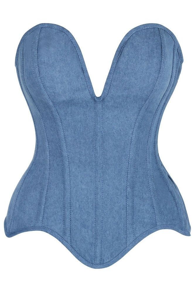LIMITED EDITION Top Drawer Steel Boned Blue Denim Plunge Neckline Overbust Corset