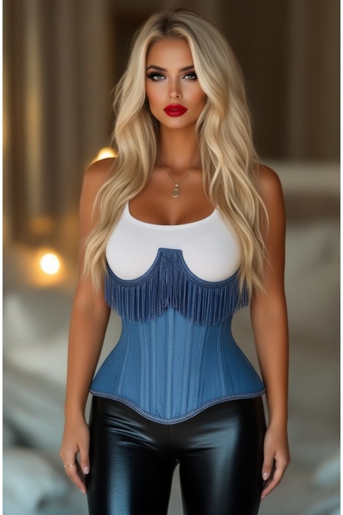 LIMITED EDITION Top Drawer Steel Boned Blue Denim Underwire Underbust Corset Cincher w/Fringe