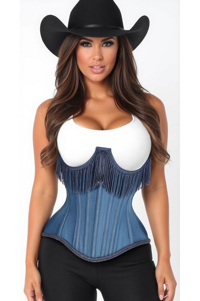 LIMITED EDITION Top Drawer Steel Boned Blue Denim Underwire Underbust Corset Cincher w/Fringe