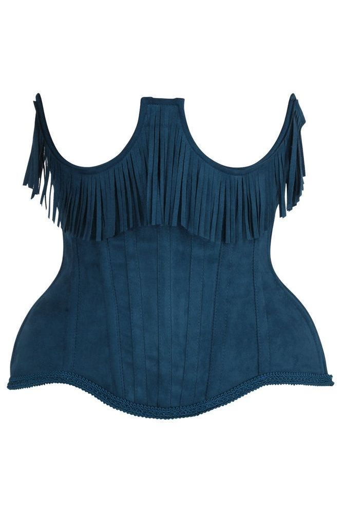 LIMITED EDITION Top Drawer Steel Boned Blue Suede Underwire Underbust Corset Cincher w/Fringe