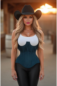 LIMITED EDITION Top Drawer Steel Boned Blue Suede Underwire Underbust Corset Cincher w/Fringe