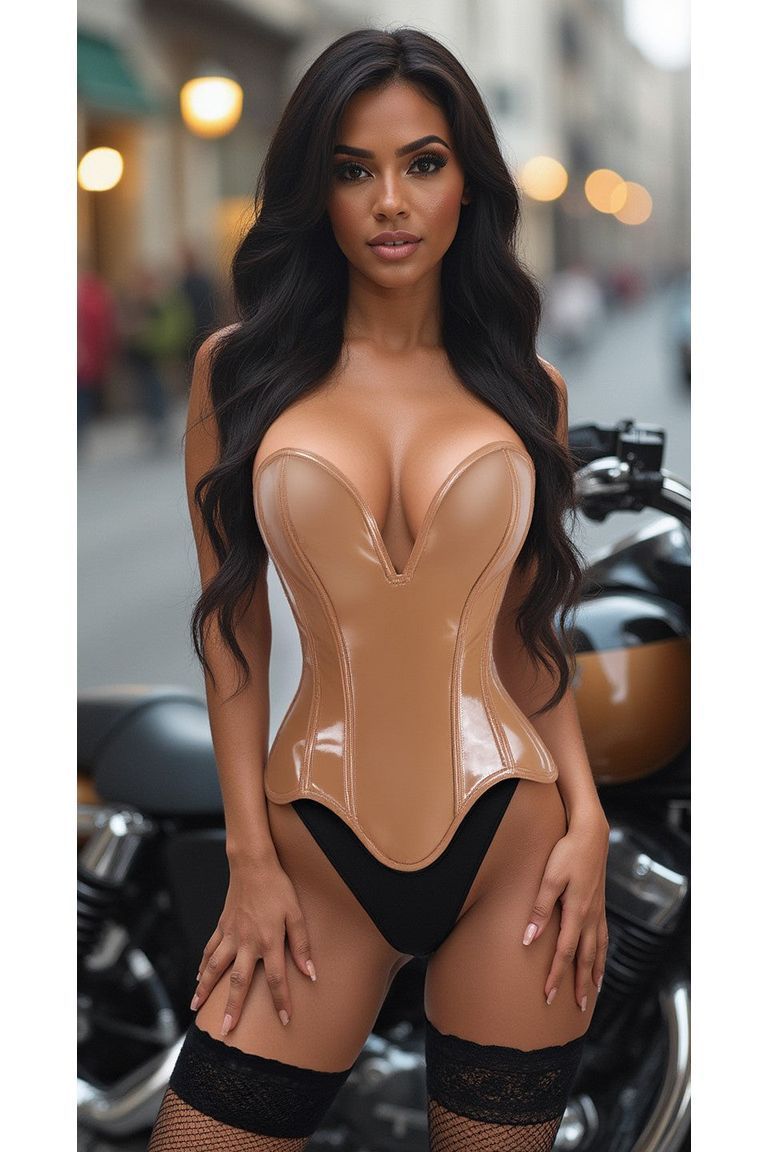 LIMITED EDITION Top Drawer Steel Boned Caramel Patent Plunge Neckline Overbust Corset