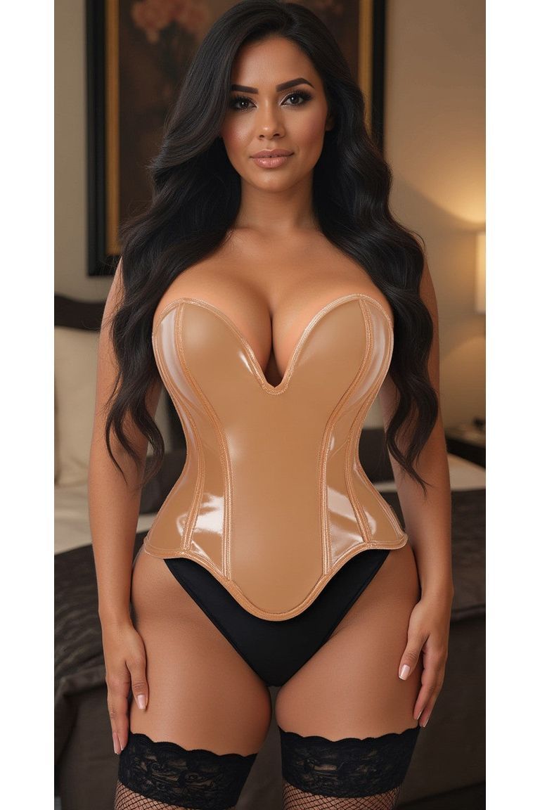 LIMITED EDITION Top Drawer Steel Boned Caramel Patent Plunge Neckline Overbust Corset