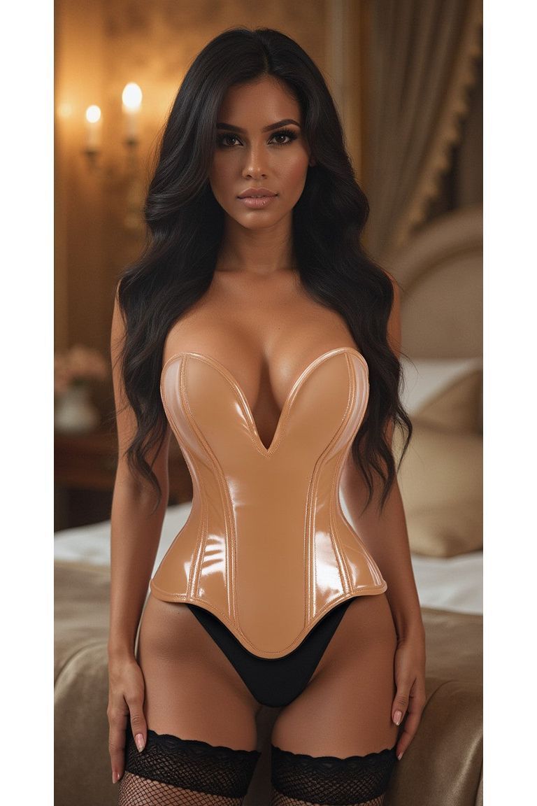 LIMITED EDITION Top Drawer Steel Boned Caramel Patent Plunge Neckline Overbust Corset