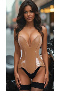 LIMITED EDITION Top Drawer Steel Boned Caramel Patent Plunge Neckline Overbust Corset