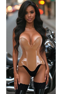 LIMITED EDITION Top Drawer Steel Boned Caramel Patent Plunge Neckline Overbust Corset