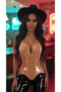LIMITED EDITION Top Drawer Steel Boned Caramel Patent Plunge Neckline Overbust Corset