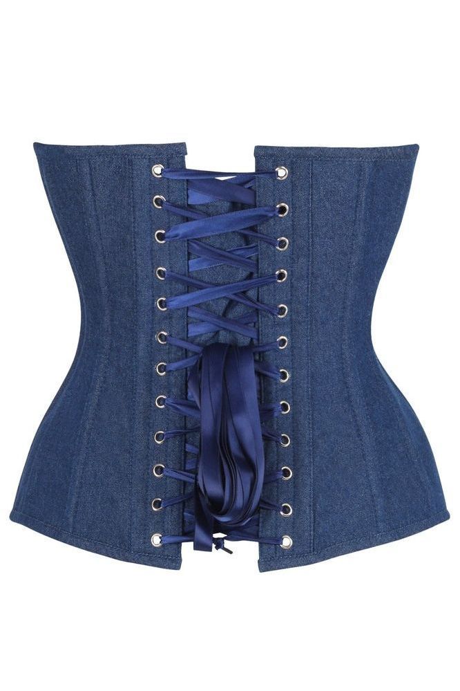 LIMITED EDITION Top Drawer Steel Boned Dark Blue Denim Plunge Neckline Overbust Corset