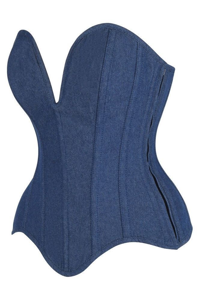LIMITED EDITION Top Drawer Steel Boned Dark Blue Denim Plunge Neckline Overbust Corset