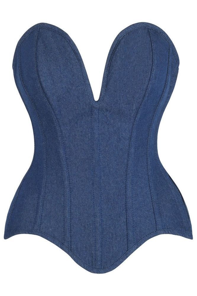 LIMITED EDITION Top Drawer Steel Boned Dark Blue Denim Plunge Neckline Overbust Corset
