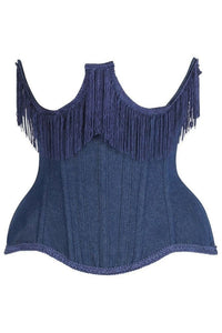 LIMITED EDITION Top Drawer Steel Boned Dark Blue Denim Underwire Underbust Corset Cincher w/Fringe