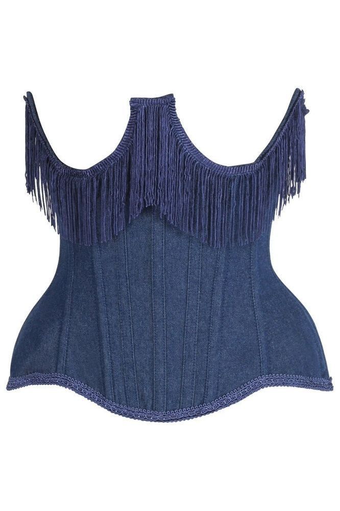 LIMITED EDITION Top Drawer Steel Boned Dark Blue Denim Underwire Underbust Corset Cincher w/Fringe