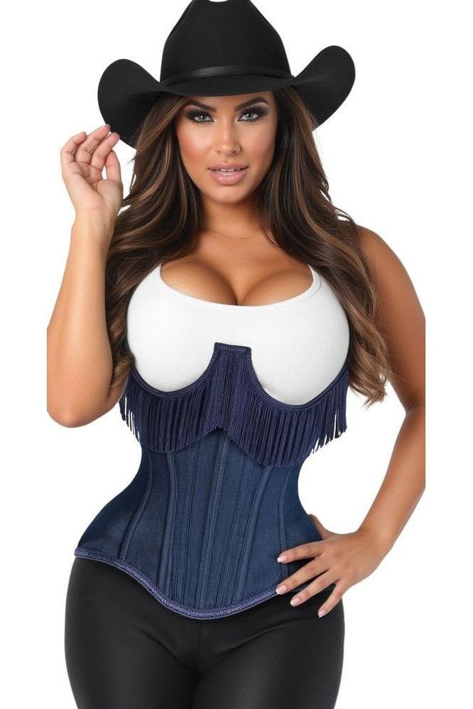 LIMITED EDITION Top Drawer Steel Boned Dark Blue Denim Underwire Underbust Corset Cincher w/Fringe
