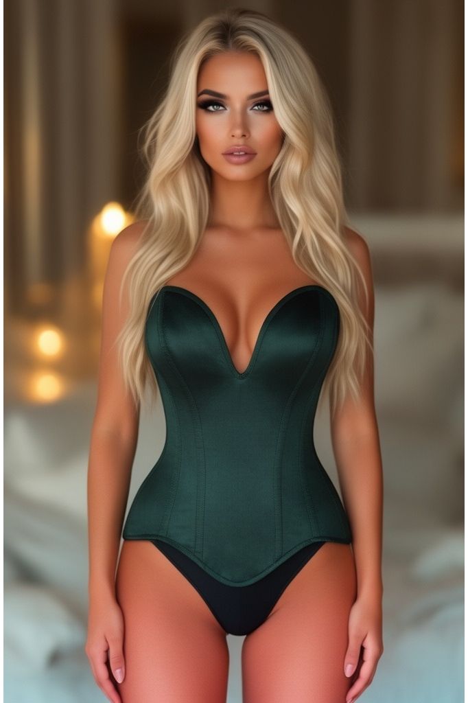 Top Drawer Steel Boned Dark Green Satin Plunge Neckline Overbust Corset