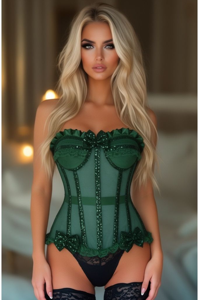 LIMITED EDITION Top Drawer Steel Boned Dark Green Sequin Underwire Bustier Corset