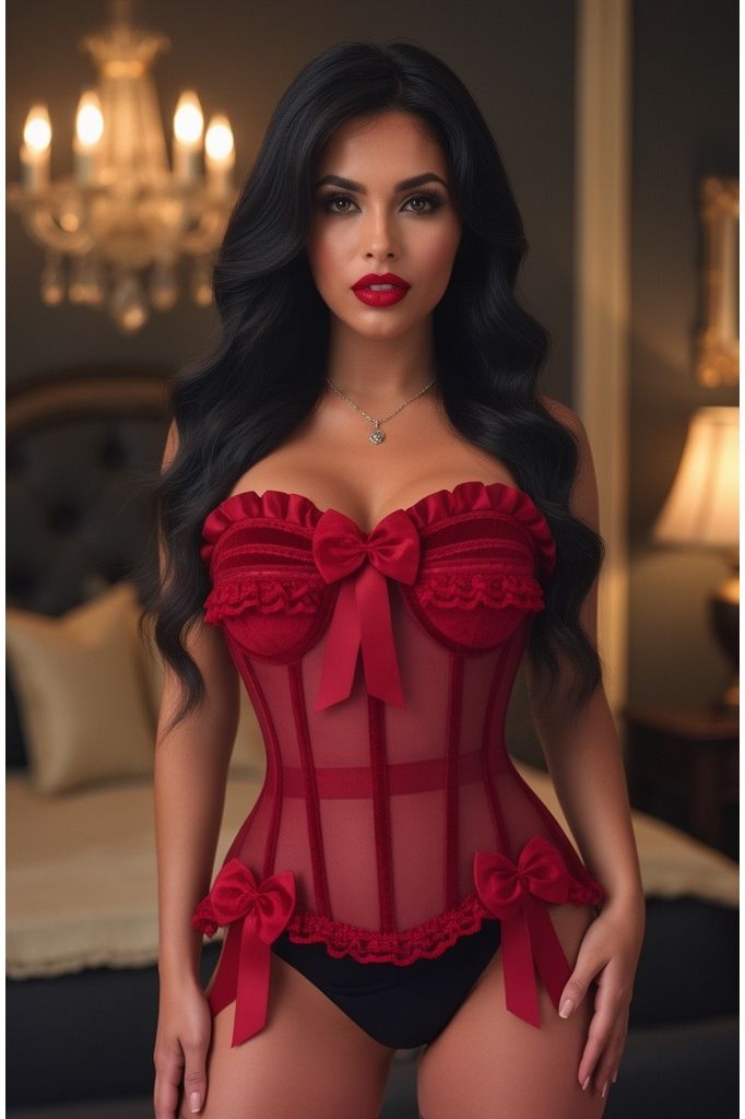 Top Drawer Steel Boned Dark Red Mesh & Velvet Underwire Bustier Corset